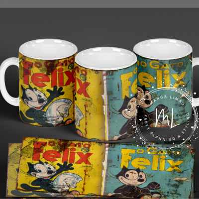 Canecas e toalhas com design vintage do Felix the Cat em amarelo e azul