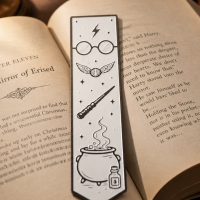 Marcador de livros cinza com símbolos de Harry Potter sobre livro aberto