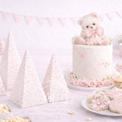 Decoração de festa com bolo e biscoitos decorados cor-de-rosa e branco, e caixas triangulares de presente.