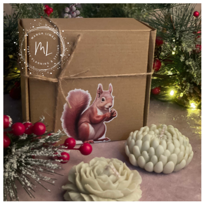 Caixa de cartão com decoração natalícia e velas decorativas em forma de flor