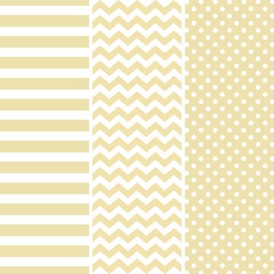 Três padrões em bege e branco: riscas horizontais, zig zag e bolinhas pequenas.