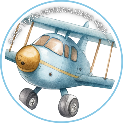 Desenho de um avião biplano azul com texto personalizável no topo