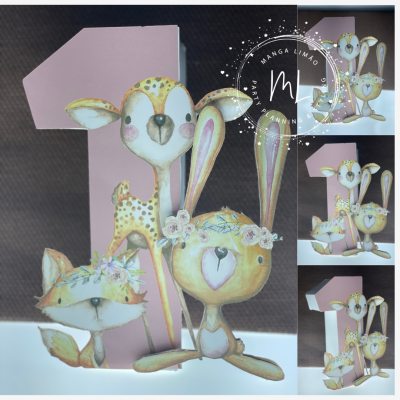 Figuras decorativas em madeira de coelho, raposa e veado com flores em suporte rosa