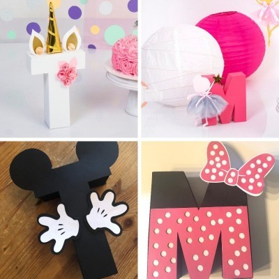 Letras decorativas para festas infantis em diferentes temas com cores e adereços variados
