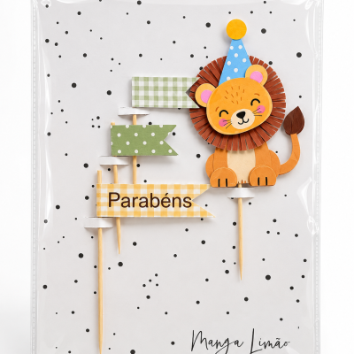 Toppers para bolo com bandeirinhas coloridas e figura de leão sorridente de papel