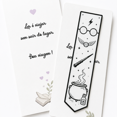 Marcador de livros com desenhos de itens mágicos em preto sobre fundo branco