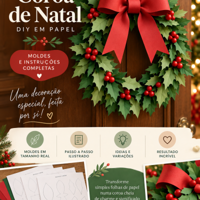 Kit DIY papel para coroa de Natal verde com bagas vermelhas e laço vermelho, pendurada em porta de madeira