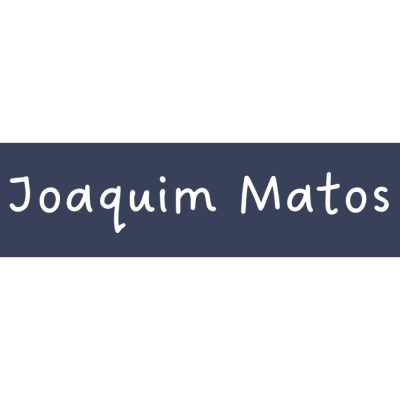 Etiqueta azul escuro com texto branco Joaquim Matos