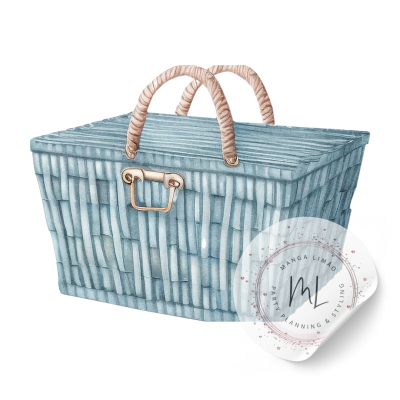 Cesto de piquenique azul com padrão madeira e alças bege