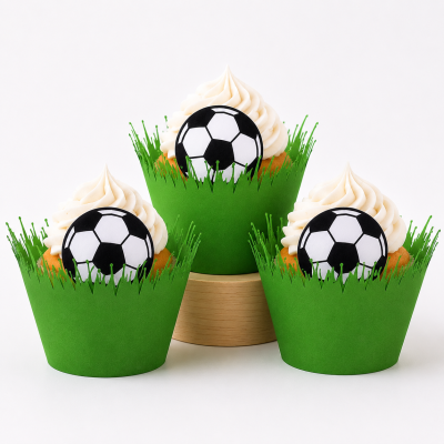 Cintas para cupcakes tema futebol com relva verde e bola de futebol decorativa