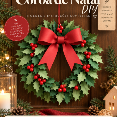 Coroa de Natal feita com folhas de azevinho verde e bagas vermelhas com laço vermelho pendurada numa porta de madeira decorada com vela, pinhas e decoração natalícia.