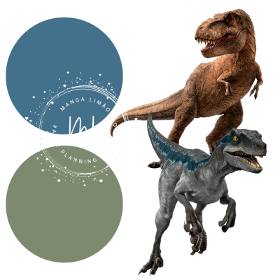 Dois dinossauros animados com círculos coloridos e selo branco no fundo