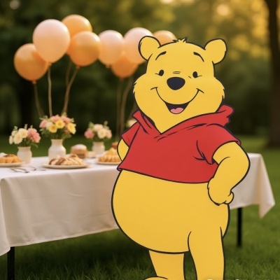 Figura de Winnie the Pooh em cartão, mesa com flores e balões ao ar livre