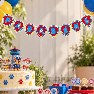Decoração de festa infantil com guirlanda PARABÉNS, balões coloridos, bolo e cupcakes temáticos