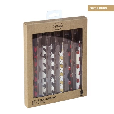 Conjunto de 6 canetas Disney em embalagem de cartão castanho com janela transparente
