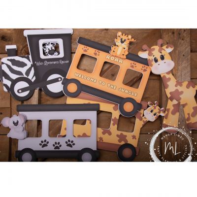 Molduras de foto em forma de comboio com tema de animais da selva.