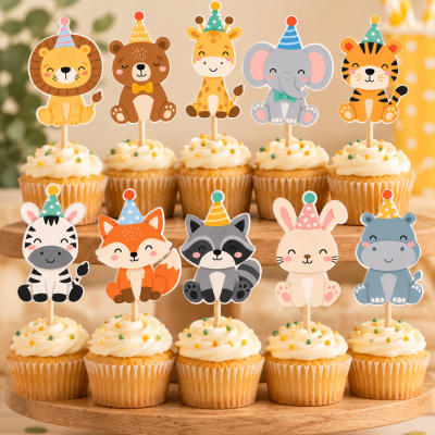 Cupcakes decorados com toppers de animais de festa em papel com chapéus coloridos