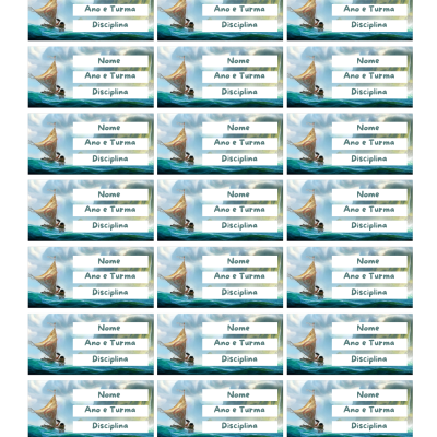 Etiquetas para cadernos/livros com ilustração de barco à vela no mar e campos para Nome, Ano e Turma, Disciplina