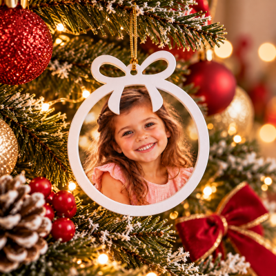 Enfeite de árvore de Natal branco com foto e laço pendurado em pinheiro decorado