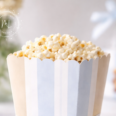 Caixa de pipocas azuis e bege com pipocas brancas e fundo desfocado