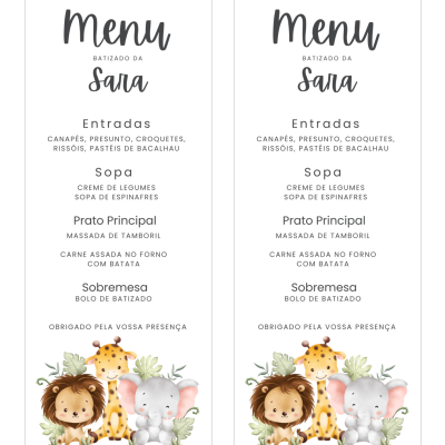 Menus do batizado com ilustrações de animais infantis