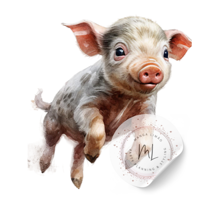 Ilustração digital de porquinho com selo branco