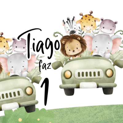 Convite infantil com tema safari e texto Tiago faz 1