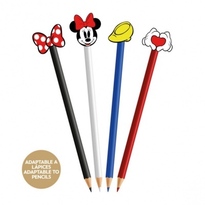 Quatro lápis coloridos com ponteiras decorativas da Minnie e objetos coloridos no topo.