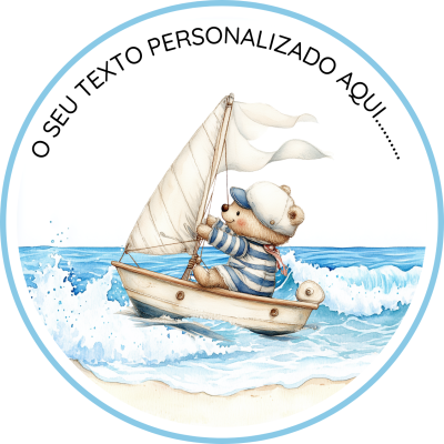 Urso de peluche de marinheiro num veleiro com texto personalizado em arco