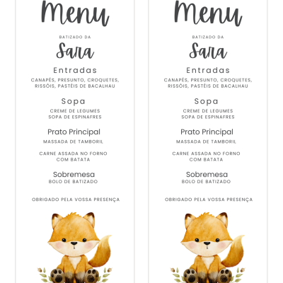 Menu de batizado com descrição dos pratos e ilustração de raposa na parte inferior