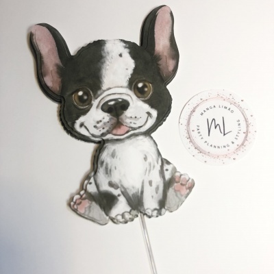 Topper de bolo em forma de cão Bulldog francês preto e branco com palito para bolo