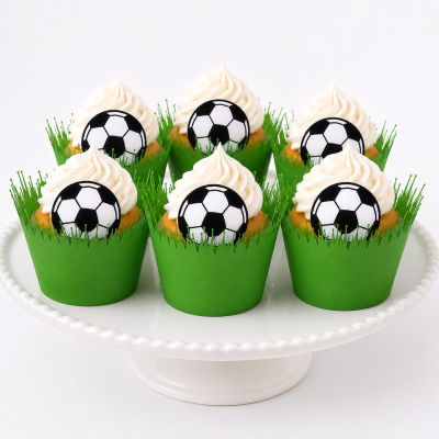 Seis cupcakes decorados com bolas de futebol em papel verde que imita relva num prato branco