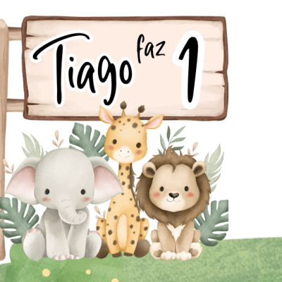 Embalagem infantil com rostos de elefante, leão e girafa, texto Tiago faz 1 e informações nutricionais