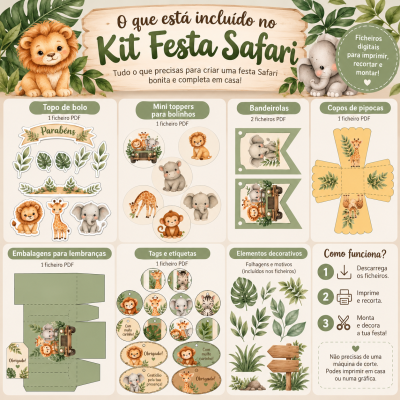 Kit Festa Safari com ilustrações de animais e itens para decoração de festa em cores suaves e texto em português.