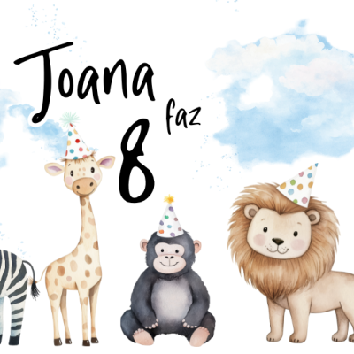 Faixa decorativa infantil com animais de desenho e texto para festa de 8 anos
