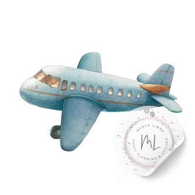 Ilustração de avião azul com etiqueta redonda de marca
