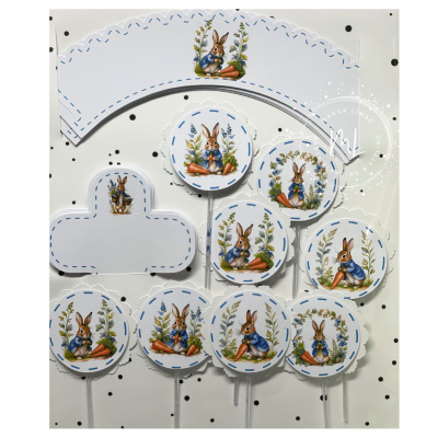 Toppers de papel com imagem de coelho e detalhes azuis sobre fundo branco com pontos pretos