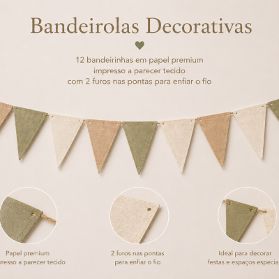 Bandeirolas decorativas em papel com aspeto de tecido em tons neutros, penduradas num cordel