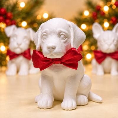 Estatuetas de cães brancas com laços vermelhos e iluminação natalícia ao fundo