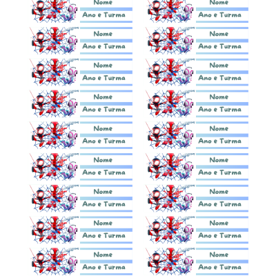 Etiqueta para cadernos com Homem-Aranha e campos para Nome e Ano e Turma