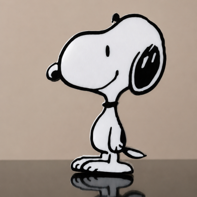 Boneco de Snoopy preto e branco em fundo bege