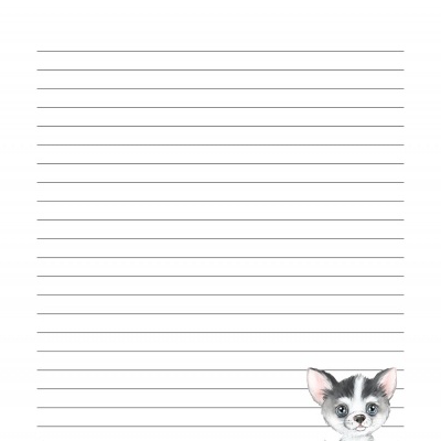 Papel pautado com linhas e desenho de cachorro no canto inferior direito