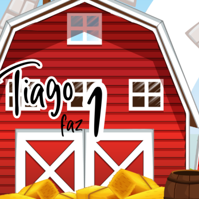 Rótulo com celeiros vermelhos, moinho de vento, palha, pinheiros e texto de informação nutricional