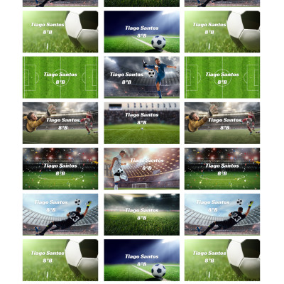 Cartões com texto Tiago Santos 8°B e imagens de futebol