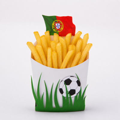 Batatas fritas em embalagem branca com decoração futebolística e bandeira de Portugal