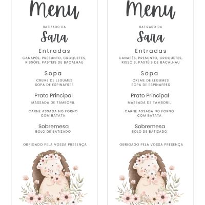 Cartão de menu para batizado com lista de pratos e ilustração de ouriço e flores