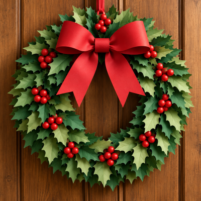 Guirlanda de Natal com folhas verdes e frutos vermelhos pendurada numa porta de madeira