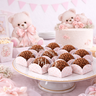 Brigadeiros de chocolate com granulados em formas de papel cor-de-rosa num prato branco com borda dourada, com ursinhos de pelúcia e bolo decorativo ao fundo.
