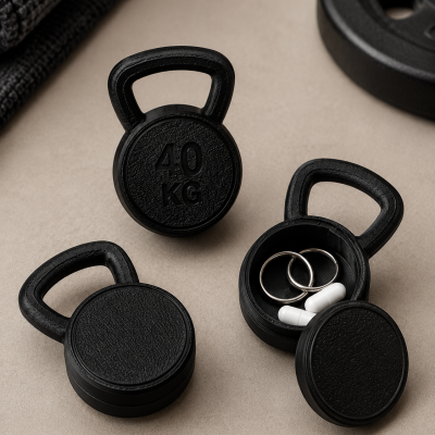 Recipientes pequenos em forma de kettlebell preto, um aberto com anéis e cápsulas dentro.