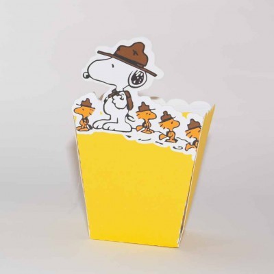 Caixa amarela com personagens Snoopy e Woodstock de chapéu